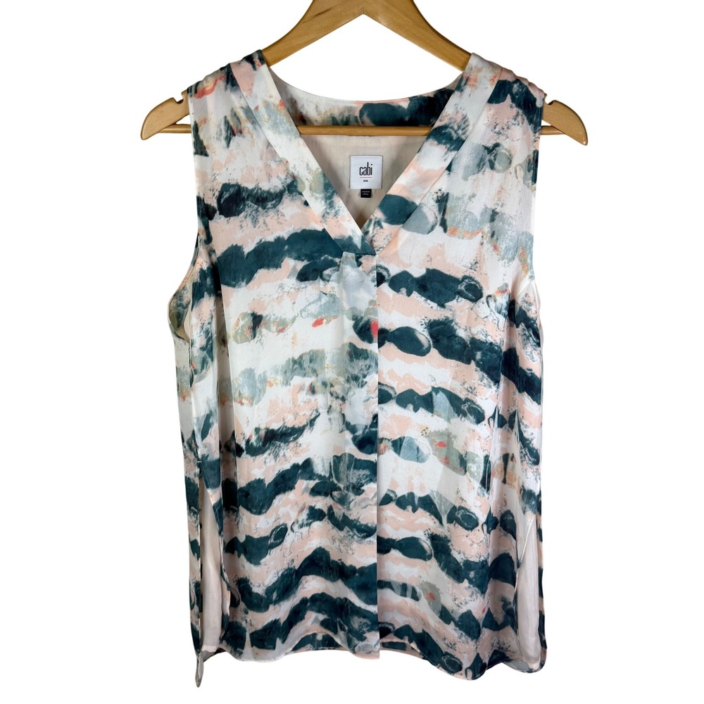 Cabi Women's SM Abstract Print V-Neck Sleeveless Sheer Lined Overlay Blouse Work
